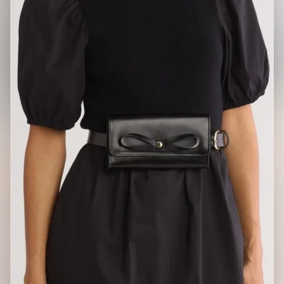 Kate Spade Black Bow Belt Bag Adjustable Leather L/XL NWT - Picture 1 of 9